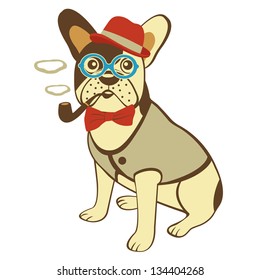 Bulldog in hat, bow tie and glasses smoking pipe