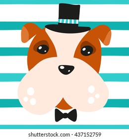 Bulldog in Hat and Bow-tie Vector Illustration can be used as kid print for t-shirt, card, sticker etc Isolated from background