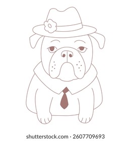 A bulldog in a hat. The bulldog is dressed in a shirt and tie. The bulldog is linear on a white background.