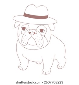 A bulldog in a hat. Isolated linear bulldog on white background.