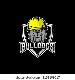 bulldog head cartoon with hard hat vector badge logo for Construction company