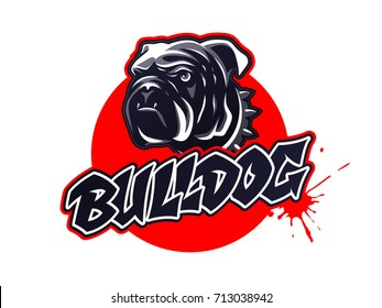 Bulldog head logo, emblem on dark background. Tee print design. Vector illustration.