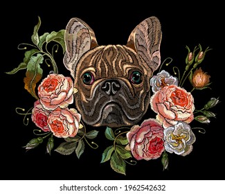 Bulldog head and roses flowers. Classical embroidery. Fashion animals. Template for clothes, textiles and t-shirt