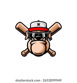 bulldog head wearing a hat with glasses and two crossed baseball bats