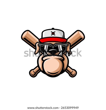 bulldog head wearing a hat with glasses and two crossed baseball bats