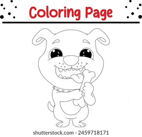 bulldog holding bone coloring page for kids. Black and white illustration for coloring book