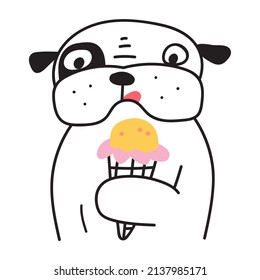 Bulldog with ice cream. Outline icon vector illustration.
