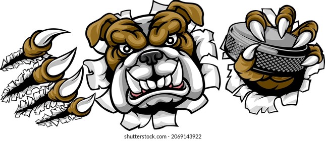A bulldog ice hockey player animal sports mascot holding a hockey puck