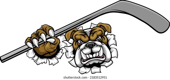 Ein Bulldogge-Eishockeyspieler-Tiersportmaskott, der einen Hockeystick hält