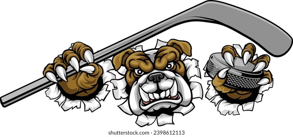 A bulldog ice hockey player animal sports mascot holding a hockey stick and puck