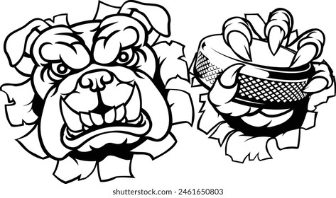 A bulldog ice hockey player animal sports mascot holding a hockey puck