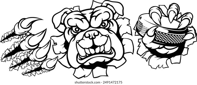 A bulldog ice hockey player animal sports mascot holding a hockey puck