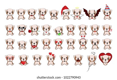 Bulldog -  illustration. English bulldog. Big set of 35 different little dogs. Brown puppies with different emotions.