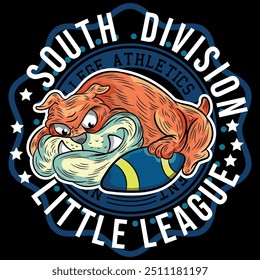 bulldog illustration with texts in collage design, with American football college design, colorful with shadows and numbers on fabric patches. designs with ornaments.