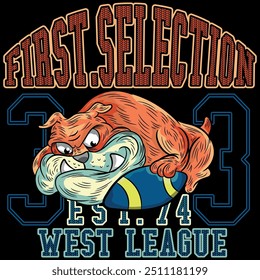 bulldog illustration with texts in collage design, with American football college design, colorful with shadows and numbers on fabric patches. designs with ornaments.
