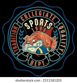 bulldog illustration with texts in collage design, with American football college design, colorful with shadows and numbers on fabric patches. designs with ornaments.