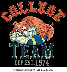 bulldog illustration with texts in collage design, with American football college design, colorful with shadows and numbers on fabric patches. designs with ornaments.