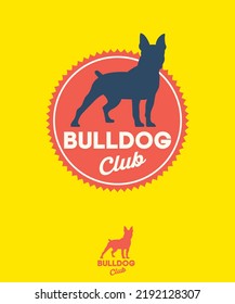 Bulldog Logo. Dog Kennel Club. Dog Emblem. Bulldog Silhouette On The Red Badge With Zigzag.