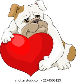 Bulldog Lying With A Red Heart Pillow, Valentines Day Love, Drawing Vector Illustration Dog