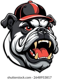 Bulldog mascot head wearing a red hat, showcasing prominent teeth and a fierce expression.