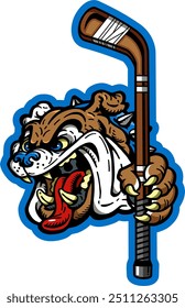 bulldog mascot holding hockey stick for school, college or league sports