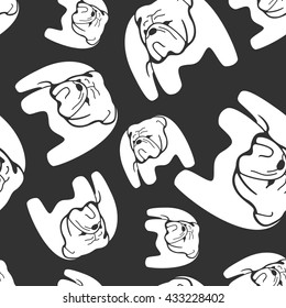 Bulldog monochrome vector seamless pattern. Animal black and white cute background.