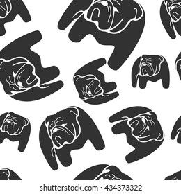 Bulldog monochrome vector seamless pattern. Animal black and white cute background.