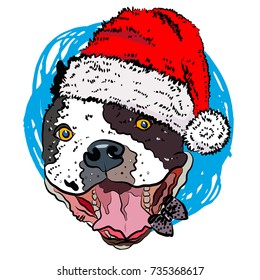 Bulldog in a New Year hat. Print for New Year's greeting card. Vector illustration eps 10.