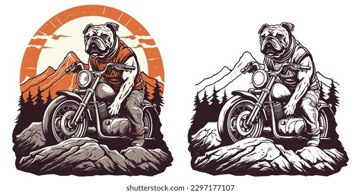  a bulldog on a motorcycle, riding through a scenic mountain road.Illustration of T-shirt design graphic.	
