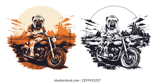 a bulldog on a motorcycle, riding through a scenic mountain road.Illustration of T-shirt design graphic.	
