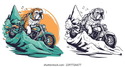 a bulldog on a motorcycle, riding through a scenic mountain road.Illustration of T-shirt design graphic.	
