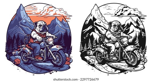 a bulldog on a motorcycle, riding through a scenic mountain road.Illustration of T-shirt design graphic.	
