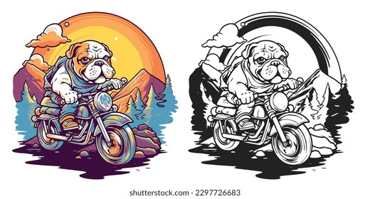 a bulldog on a motorcycle, riding through a scenic mountain road.Illustration of T-shirt design graphic.	
