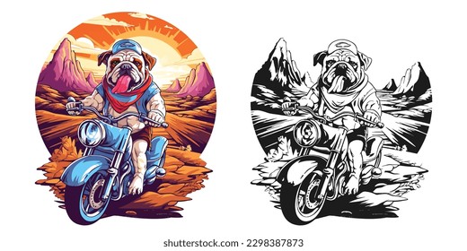 un bulldog en motocicleta, viajando por una pintoresca carretera de montaña. Ilustración del diseño gráfico de camisetas.	
