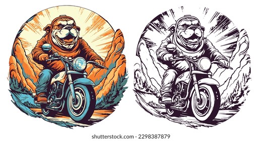 un bulldog en motocicleta, viajando por una pintoresca carretera de montaña. Ilustración del diseño gráfico de camisetas.	
