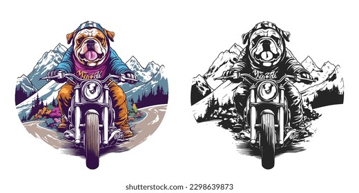 a bulldog on a motorcycle, riding through a scenic mountain road.Illustration of T-shirt design graphic.	
