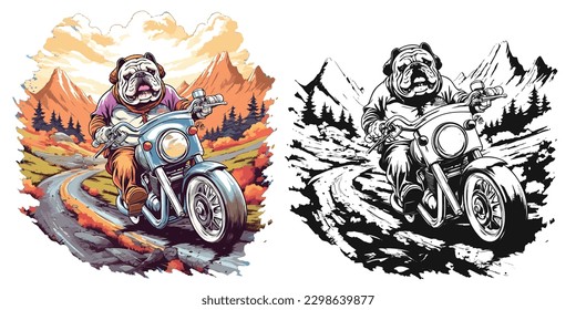 un bulldog en motocicleta, viajando por una pintoresca carretera de montaña. Ilustración del diseño gráfico de camisetas.	
