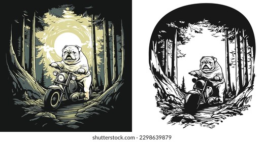 a bulldog on a motorcycle, riding through a scenic mountain road.Illustration of T-shirt design graphic.	

