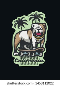 Bulldog on a skateboard on the background of silhouettes of palm trees.