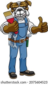 A bulldog painter decorator cartoon animal mascot holding a paintbrush and giving a thumbs up