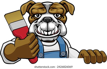 A bulldog painter decorator cartoon animal mascot holding a paintbrush peeking around a sign
