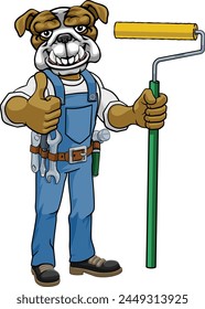 Ein Bulldog-Maler-Dekorateur-Handwerker-Cartoon-Bau-Mann-Maskottchen-Charakter mit einem Farbrollenwerkzeug