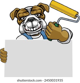 A bulldog painter decorator handyman cartoon construction man mascot character holding a paint roller tool