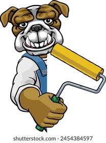 A bulldog painter decorator handyman cartoon construction man mascot character holding a paint roller tool