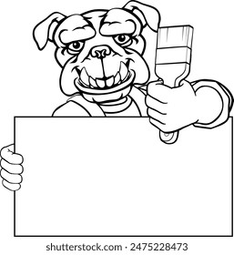 A bulldog painter decorator handyman cartoon construction man mascot character holding a paint brush tool