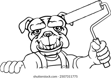 A bulldog painter decorator handyman cartoon construction man mascot character holding a paint roller tool