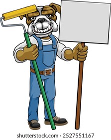 A bulldog painter decorator handyman cartoon construction man mascot character holding a paint roller tool