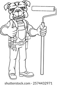 A bulldog painter decorator handyman cartoon construction man mascot character holding a paint roller tool