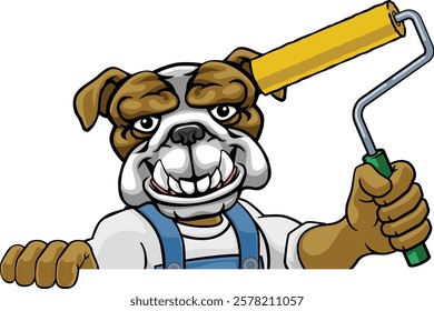 A bulldog painter decorator handyman cartoon construction man mascot character holding a paint roller tool