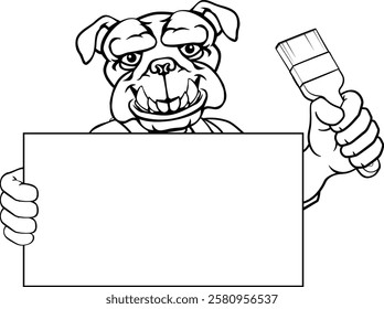 A bulldog painter decorator handyman cartoon construction man mascot character holding a paint brush tool